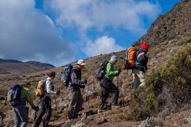 Line of trekkers climbing a steep rocky mountain path